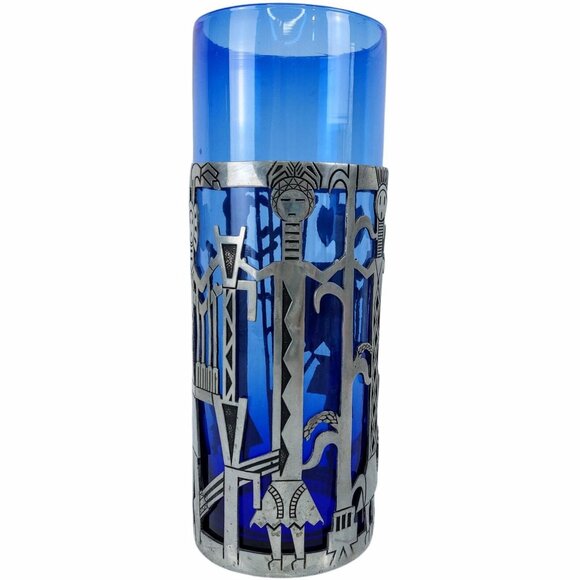 Kachina Candle Holder Cobalt Blue Glass Vase Tin Pewter Wrap Universal Pewter - Picture 4 of 14